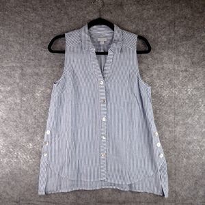 J. Jill Love Linen Button Up Top Women S Petite Blue White Ticking Stripe Beachy